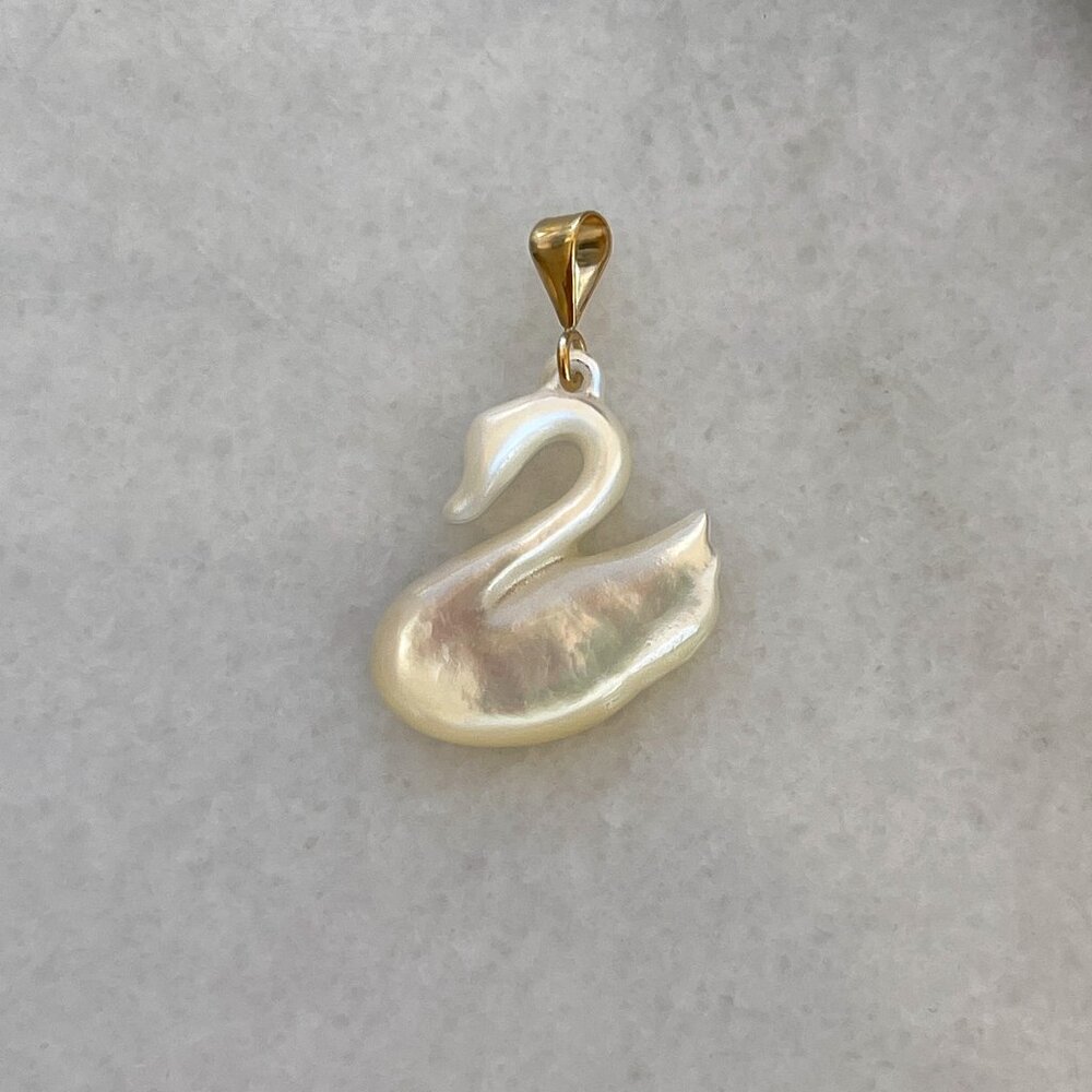 Solid 14K Yellow Mother of Pearl Swan Pendant Charm Necklace 90s Boho Coquette